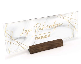 White Marble Granite with Gold Geometrics - Personalized Custom Desk Name Plate Plaque- UV Printed on Clear Acrylic with Wood Base - ANP0002