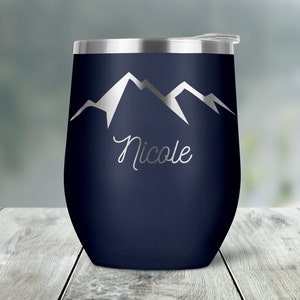 Personalized Custom Name Text Mountain Range Engraved Vacuum Insulated Stemless Wine Glass Tumbler with Lid Travel Mug - Camping - WT0031