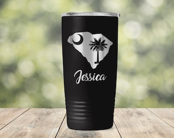 South Carolina Moon and Palmetto Tree with Personalized Custom Name Text Engraved Vacuum Insulated Coffee Tumbler with Lid Travel Mug ET0189