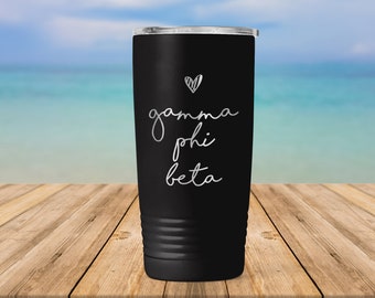 Gamma Phi Beta Sorority Handwriting Script Engraved Vacuum Insulated Coffee Tumbler with Lid Travel Mug Big Little Recruitment Gift ET0059