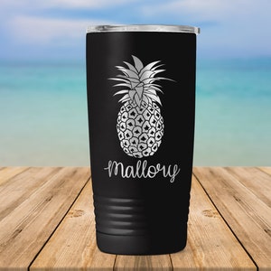 Personalized Custom Name Text with Pineapple Engraved Vacuum Insulated Coffee Tumbler with Lid Travel Mug - Beach Vacay Girls Trip ET0038