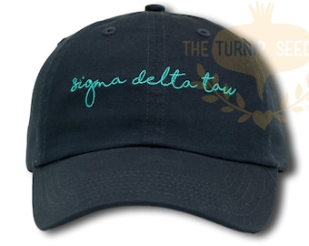 Sigma Delta Tau Handwriting Script Sorority Baseball Cap - Custom Color Hat and Embroidery