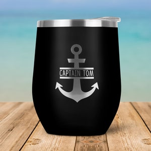 Anchor Captain Logo - Personalized Custom Name Text with Engraved Vacuum Insulated Stemless Wine Glass Tumbler Lid Travel Mug WT0065