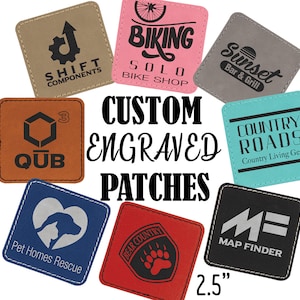 May include: Assortment of custom engraved leather patches in various colors and designs. The patches feature logos, text, and graphics. The patches are 2.5 inches in size.