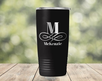 Personalized Custom Name and Monogram Engraved Vacuum Insulated Coffee Tumbler with Lid Travel Mug - Bridal Shower Bridesmaids gift ET0037