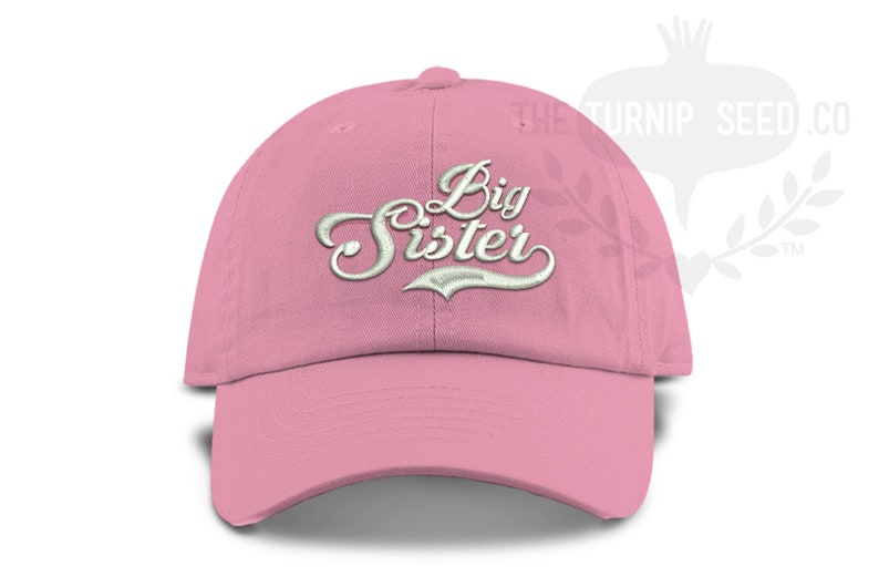 May include: Pink baseball cap with white embroidered text that reads "Big Sister".