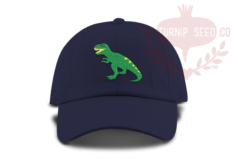May include: A navy blue baseball cap with an embroidered green dinosaur on the front.
