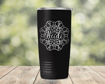 Personalized Custom Name Text with Mandala Flower Engraved Vacuum Insulated Coffee Tumbler with Lid Travel Mug - Indian India Yoga Om ET0125