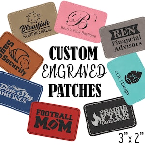 May include: Assortment of custom engraved leather patches in various colors and designs. The patches are 3 inches by 2 inches and feature text such as "Blowfish Surfboards", "Betty's Pink Boutique", "REN Financial Advisors", "Colt Design", "Prairie Fyre Grillwork", "Blue Sky Airlines", "Football Mom" and "Aces Security".