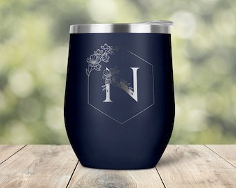 Personalized Custom Flower Letter Modern Floral Frame Engraved Vacuum Insulated Stemless Wine Glass Tumbler with Lid Travel Mug - WT0040