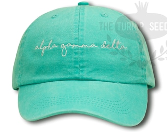 Alpha Gamma Delta Handwriting Script Sorority Baseball Cap - Custom Color Hat and Embroidery - Handwriting