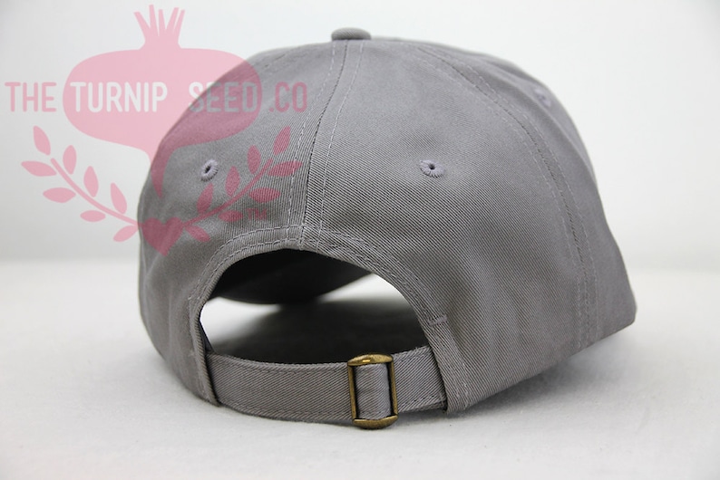 May include: A gray baseball cap with a brown adjustable strap in the back.