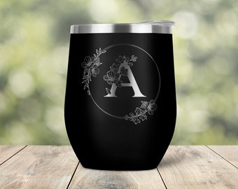 Personalized Custom Flower Letter Modern Floral Frame Engraved Vacuum Insulated Stemless Wine Glass Tumbler with Lid Travel Mug - WT0039