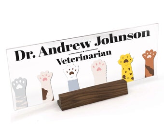 Fluffy Animal Paw Print Veterinarian Vet Custom Desk Name Plate Plaque- Graduation Gift UV Printed on Clear Acrylic with Wood Base - ANP0010