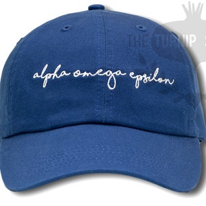 Alpha Omega Epsilon Handwriting Script Baseball Cap - Custom Color Hat and Embroidery - Handwriting