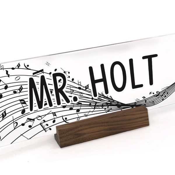 Music Teacher Appreciation Gift Custom Desk Name Plate Plaque- Gift UV Printed on Clear Acrylic with Wood Base - ANP0016