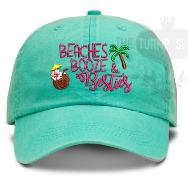 Beaches Booze and Besties Vacation Baseball Cap Hat