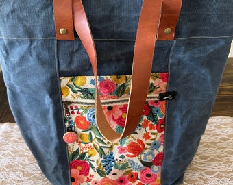 Waxed canvas and Rifle Paper Co fabric large tote/purse with leather handles