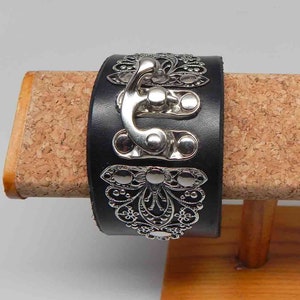 Black Leather Filigree Cuff Bracelet