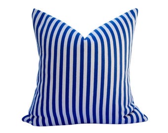 Striped Cotton Pillow Cover, Blue & Ivory White, 20x20 Accent Cushion