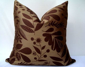 High End Silk Pillow Cover, 20"x20" Brown Floral Leaf Print Sofa Bed Cushion