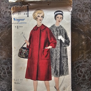 1960 Vintage Vogue 9939 Raglan Sleeve Coat Sewing Pattern, B31, Easy Sew, Beginner, Outerwear, women&#39;s coat, winterwear, Couture sewing
