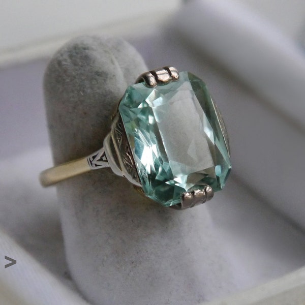 Antique Art Deco Ring 14K Green Gold 9.3ct Blue Cyan Aquamarine Size 6 US