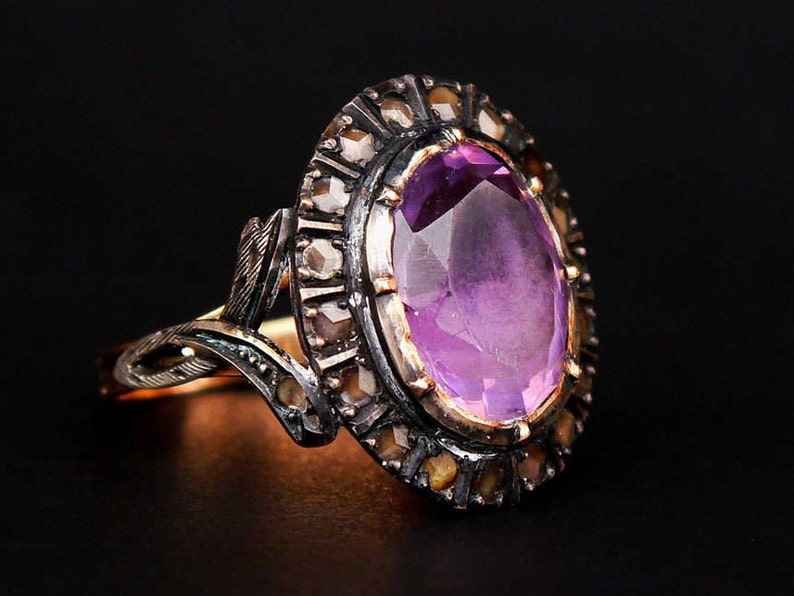 Antique Ring 18K Red Gold Silver 5.25ct Amethyst 1.2ct - Etsy