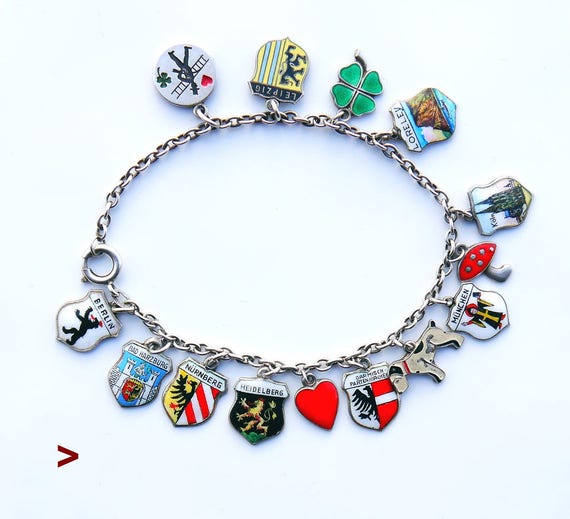 Vintage German Silver Enamels Charm Bracelet 14 Charms / - Etsy Canada