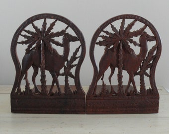 Antique HANDCARVED CAMEL BOOKENDS! Unique Folding Bookends...Hand Carved Wood Bookends..Wood Camel Decor..Vintage Camel Bookends!