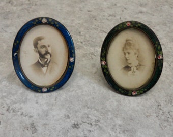 ANTIQUE FAMILY PHOTOGRAPHS Dated 1878! Beautiful Pictures of a Special Couple in Antique Cloisonné Frames! Unique Miniature Frames...Rare!