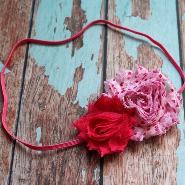 Double pink heart & pink Shabby Headband.... infant headband.. toddler headband.. shabby headband.. photoprop .. baby girl headband