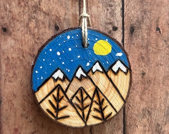 Hand painted and wood burned tree and mountains ornament, nature lover gift, small gift, trees and hills