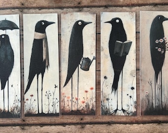 Cute whimsical crow laminated bookmark - book lover gift - bookmark - crow lover gift - small gift - gothic bookmarks