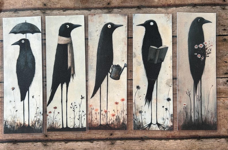 Cute Whimsical Crow Laminated Bookmark - Book Lover Gift - Bookmark ...