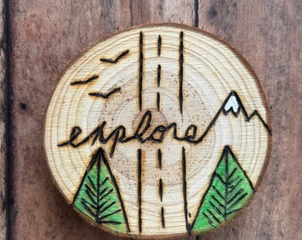 Hand painted and wood burned mountain scene magnet or ornament, outdoor lover gift, small gift, magnet, nature lover gift