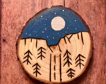 Wood burned and hand painted mountain forest scene magnet OR ornament, wood slice, outdoor lover gift, small gift, nature lover gift