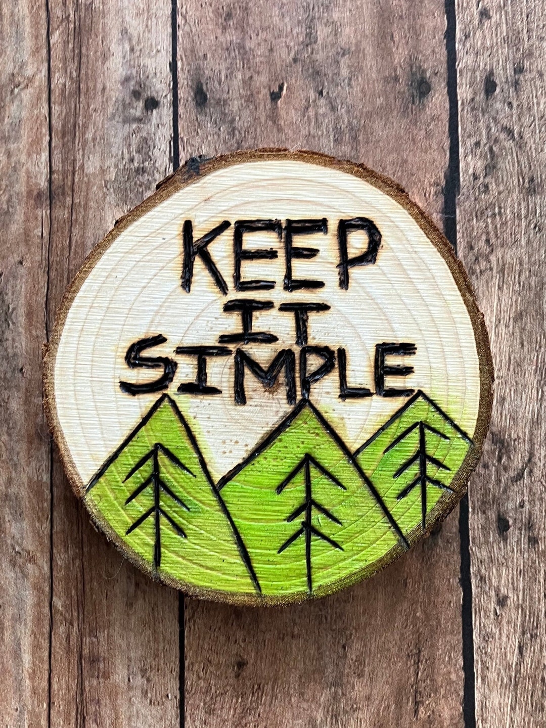 Wood Burned and Hand Painted Mountain Forest Scene Magnet or Ornament ...