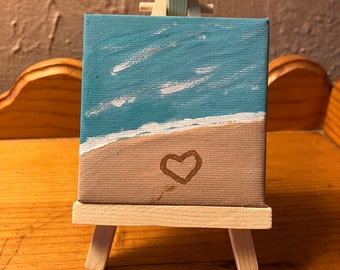 Original beach painting - 3 x 3 mini canvas art - beach scene and sand  - shelf sitter - beach decor