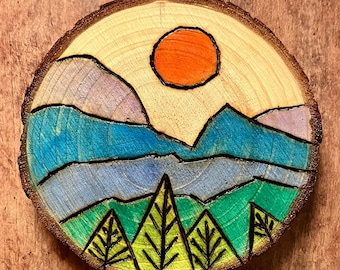 Hand painted and wood burned mountain scene magnet or ornament, outdoor lover gift, small gift, magnet, nature lover gift