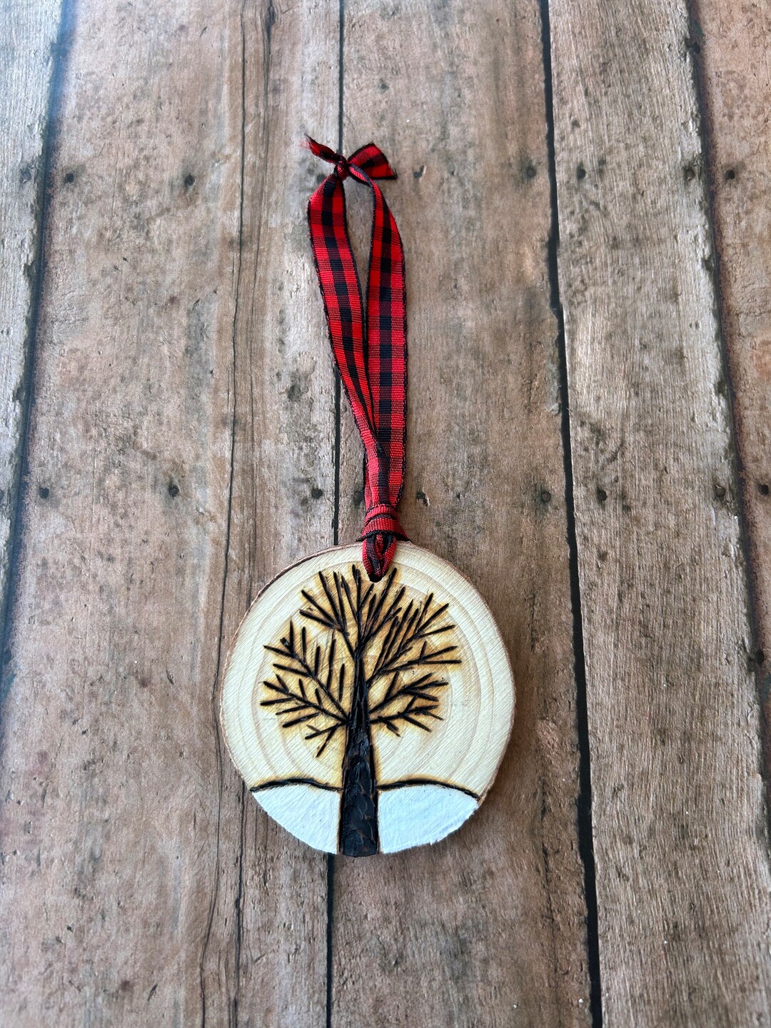 Hand Painted and Wood Burned Winter Tree With Snow Ornament, Nature ...