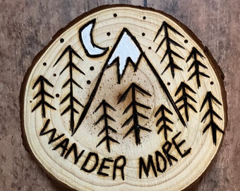 Wood burned and hand painted mountain forest scene magnet or ornament, wood slice, outdoor lover gift, small gift