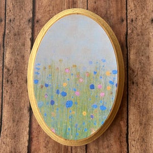 Moody floral mini oval art, canvas on oval wood plaque, blue flowers, gallery wall art, Mother’s Day, Anniversary Gift, cottage core