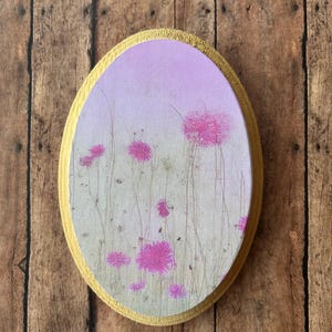 Floral mini oval art, canvas on oval wood plaque, bright pink flowers, gallery wall art, Mother’s Day, Anniversary Gift, cottage core