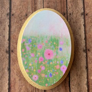 Floral mini oval art, canvas on oval wood plaque, bright flowers, gallery wall art, Mother’s Day, Anniversary Gift, cottage core