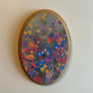 Bright floral mini oval art, canvas on oval wood plaque, bright flowers, gallery wall art, Mother’s Day, Anniversary Gift, cottage core
