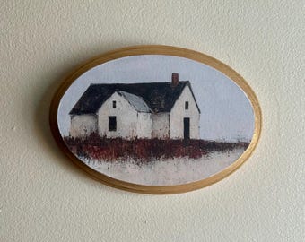 Moody cottage landscape mini oval art, canvas on oval wood plaque, gallery wall art, Mother’s Day, Anniversary Gift, cottage core