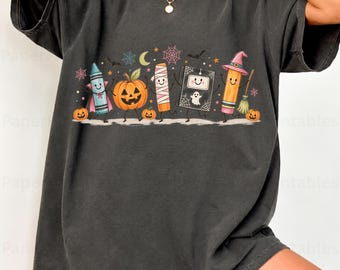 Preppy School Crew PNG, Cute Halloween School Supplies, Teacher Halloween Pumpkin Shirt Graphic, Watercolor spooky Sublimation, Fall PNG