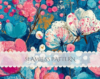 Preppy Watercolor Floral Seamless Pattern Pink Blue Botanical Paper Tropical Junk Journal Scrapbook Commercial Use (Digital Download)