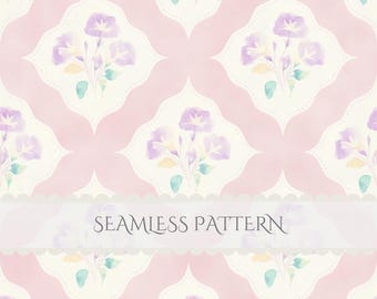 Pink Lattice Floral Seamless Pattern Watercolor Trellis Tile Preppy Junk Journal Digital Paper Scrapbook Commercial Use (Digital Download)